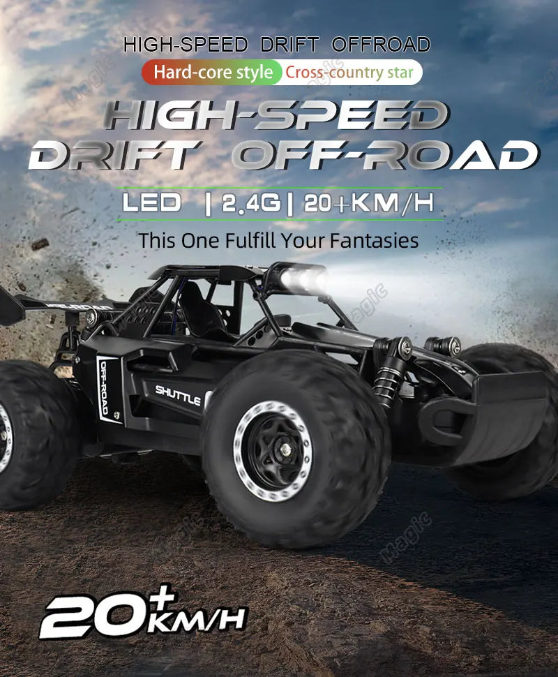 Carro RC 2.4Gh com Luzes LED 2WD, Alta Velocidade, Off-road, Controle Remoto, Escalada, Carros para Atividades ao Ar Livre, Drift, Brinquedos Infantis, Presentes para Meninos