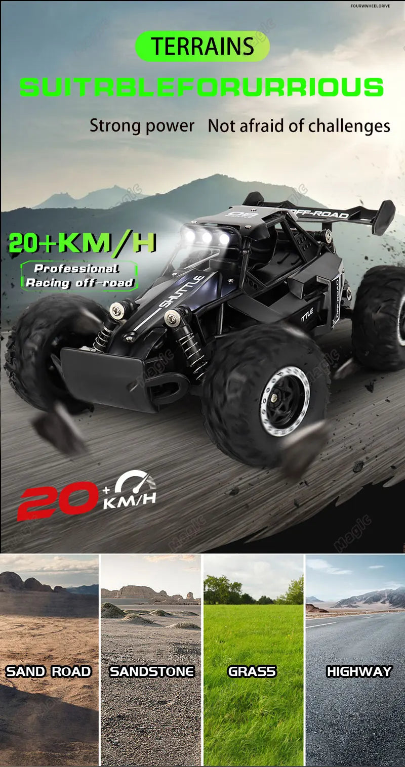 Carro RC 2.4Gh com Luzes LED 2WD, Alta Velocidade, Off-road, Controle Remoto, Escalada, Carros para Atividades ao Ar Livre, Drift, Brinquedos Infantis, Presentes para Meninos