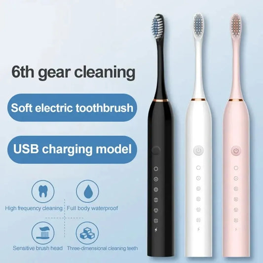 Escova de dentes elétrica ultrassônica com seis modos de velocidade, carregamento USB, à prova d'água.