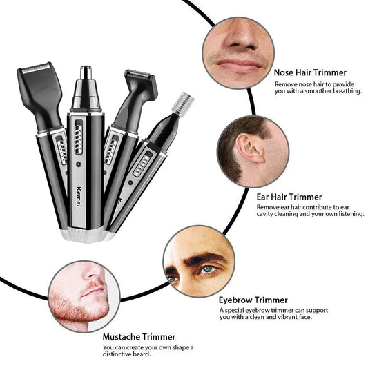 Aparador elétrico Kemei 4 em 1 para homens, aparador de nariz e orelhas, recarregável, para pelos, barba, nariz e orelhas, conjunto de limpeza e higiene