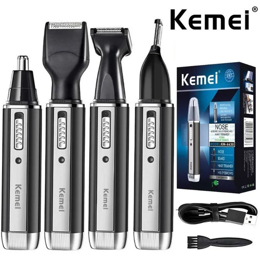 Aparador elétrico Kemei 4 em 1 para homens, aparador de nariz e orelhas, recarregável, para pelos, barba, nariz e orelhas, conjunto de limpeza e higiene